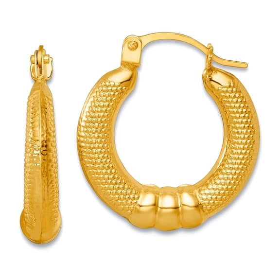 14k Solid Yellow Gold Polished and Textured Hoop Earrings 18x16mm Wide 3mm Thick Hoop Earring for Women