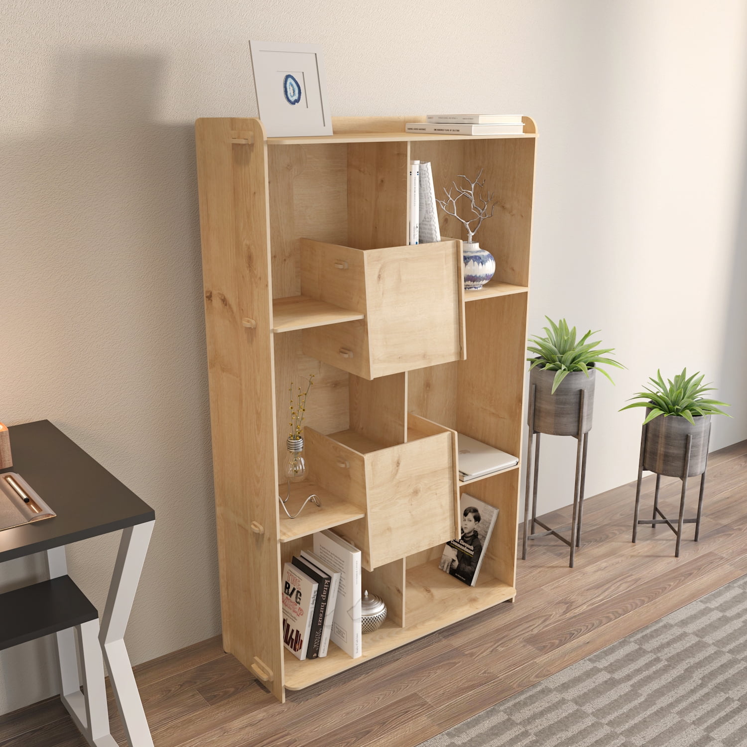 Pana 55'' Long Bookcase Bookshelf Display Unit for Living Rooms or Home Office Natural Oak Finish