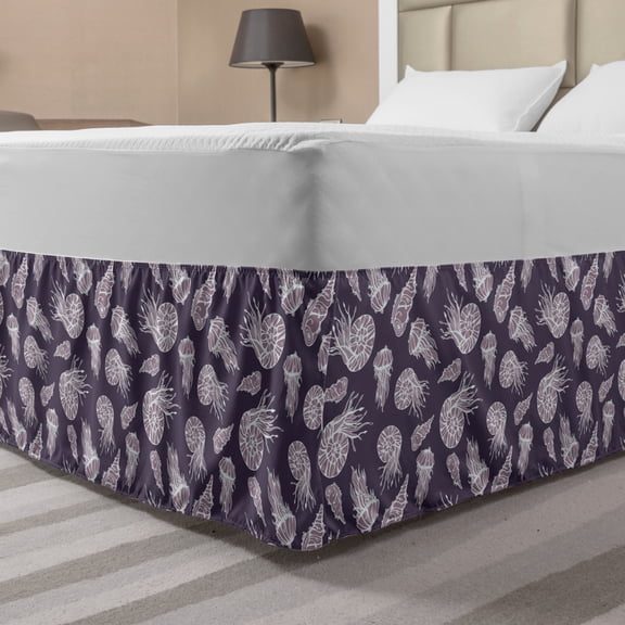 Jellyfish Bed Skirt, Image of Ammonites Jelly Fishes and Sea Shells in Repeated Pattern, Elastic Bedskirt Dust Ruffle Wrap Around for Bedding Decor, 4 Sizes, Eggplant and Grey Pink, by Ambesonne