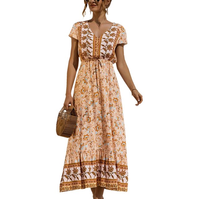 Femmes Robes-Été Casual Manches Courtes Taille Haute V Cou Imprimé Floral Boutonné Maxi Robe