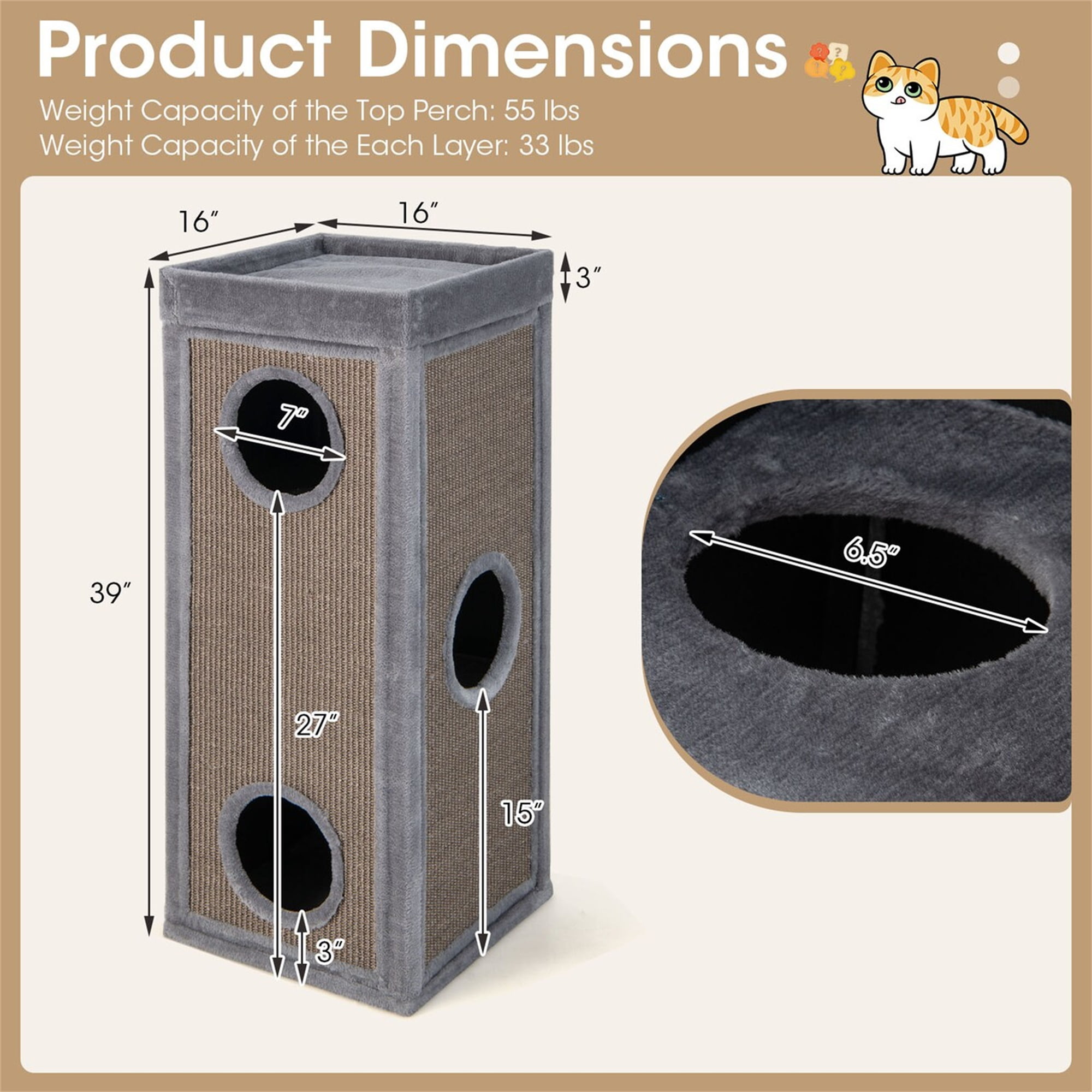 Kadyn 39" Indoor Cat Cave Bed, Cat House Scratcher Furniture, Cat Condo with Scratching Posts, 3 Hideaways, 4 Soft Plush Cushions, Gray
