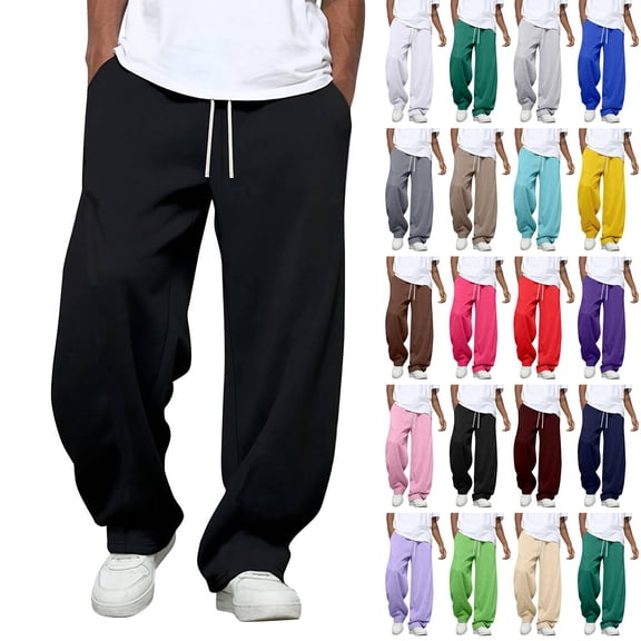 Huankd Men's Baggy Sweatpants Fleece Drawstring Straight Leg Open Bottom Workout Pants with Pockets Black XL