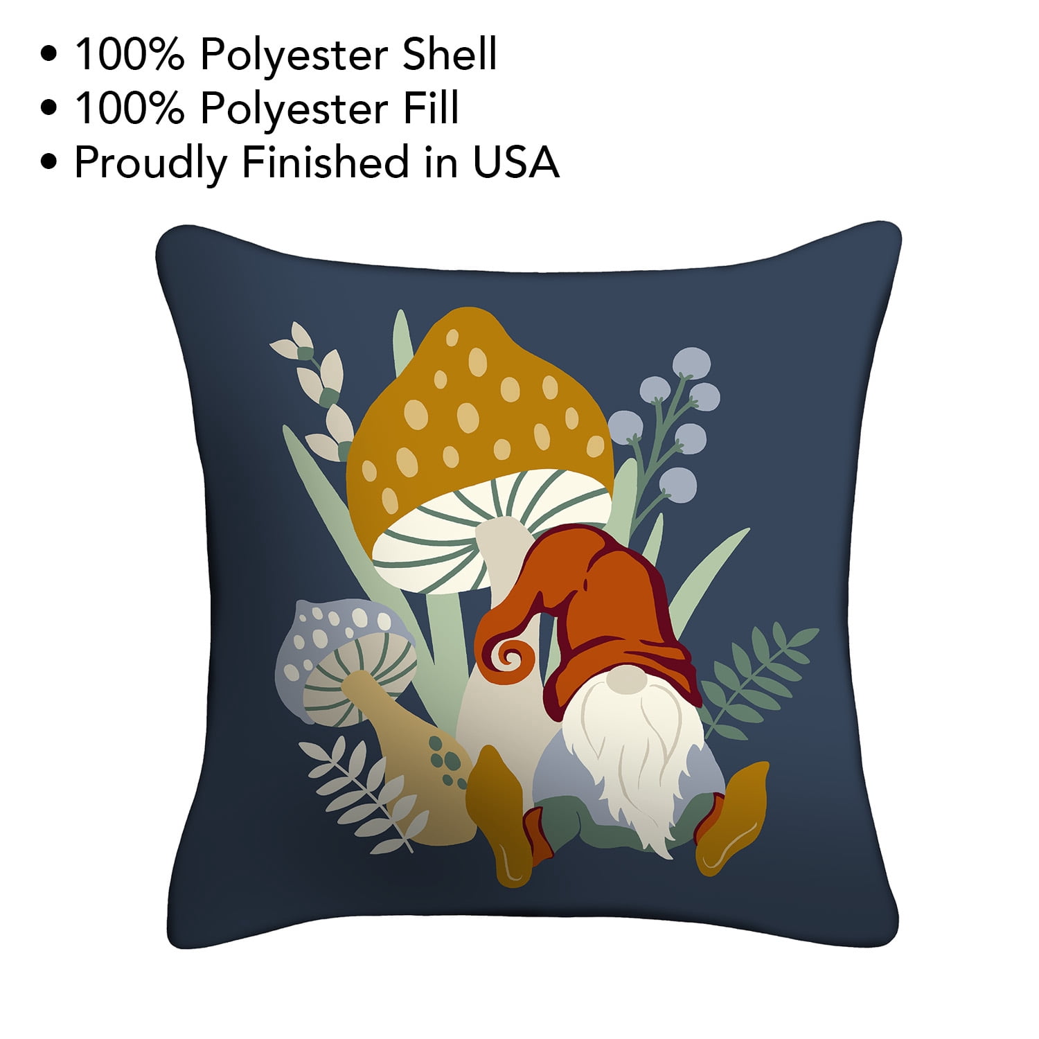 Mainstays 16" x 16" Reversible Gnome Mushroom Decorative Outdoor Throw Pillow, Navy, 1 Count