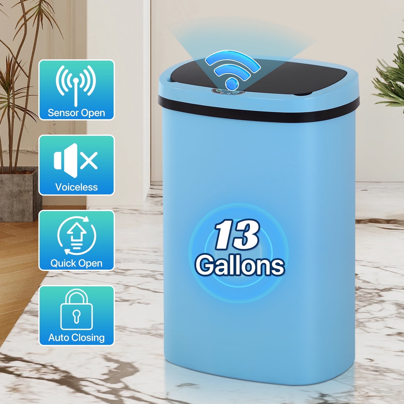 13 Gallon Plastic Garbage Can Kitchen Trash Can Automatic Touch Free Trash can with Lid 50 Liter Waste Bin Mute Anti-Fingerprint for Bedroom Home Office Living Room, Blue