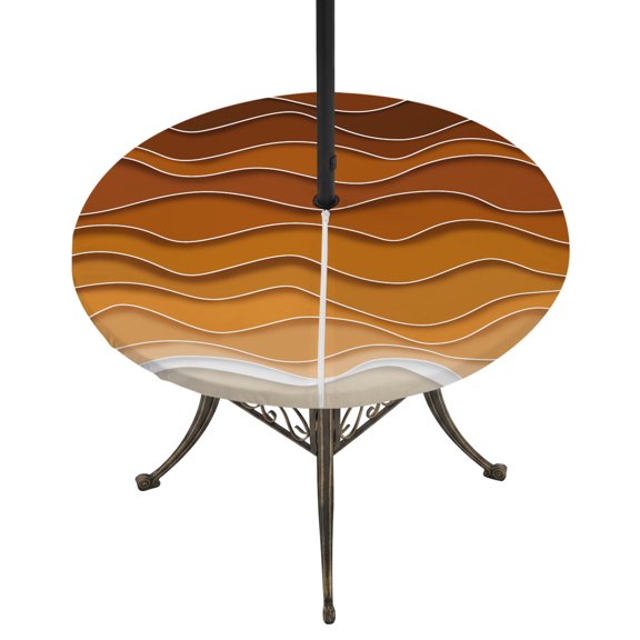 Round Outdoor Tablecloth with Umbrella Hole and Zipper, Orange Ocean Waves Tablecloth with Elastic Waterproof, Coastal Country Abstract Ombre Stripes Patio Table Covers for 45" - 54" Pool Tables