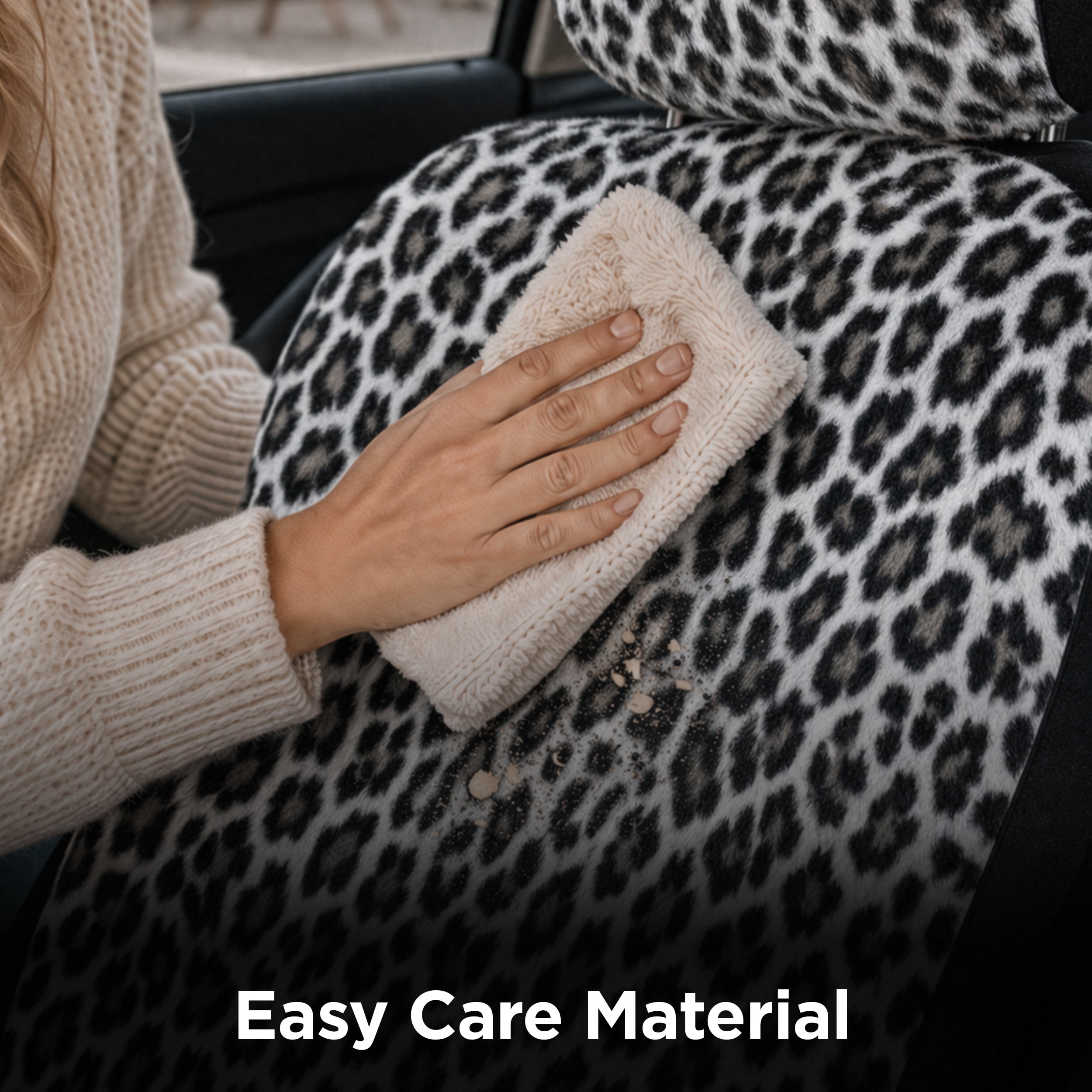 Auto Drive 2-Piece Fur Snow Leopard Seat Covers for Cars, SUVs, and Crossovers