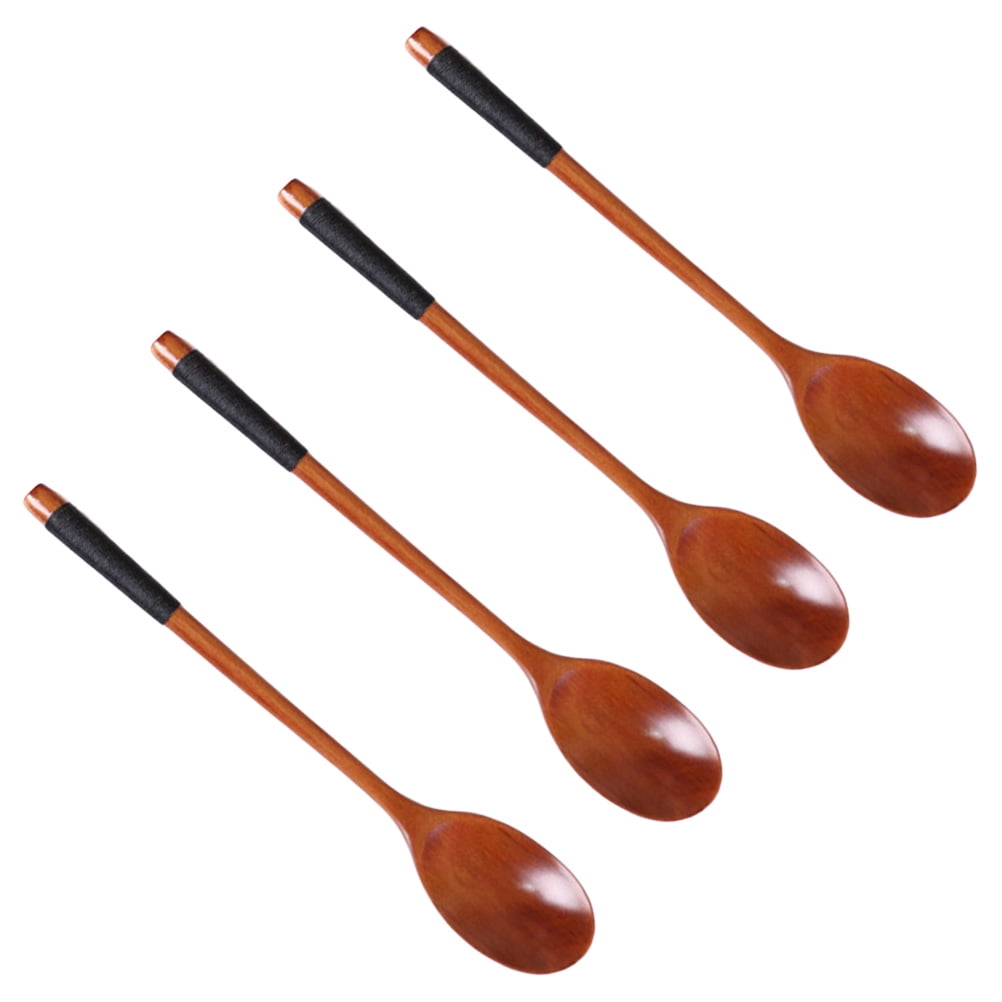 4 Pcs Wooden Spoons Long Handle Stirring Spoons Portable Eating Mixing