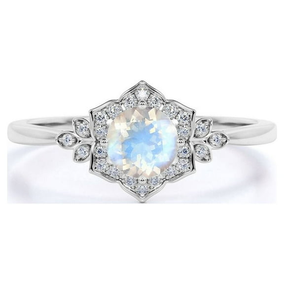 JeenMata 1 Carat Round Faceted Blue Moonstone and 6 Stone Moissanite Antique Engagement Ring in 18k White Gold over Silver