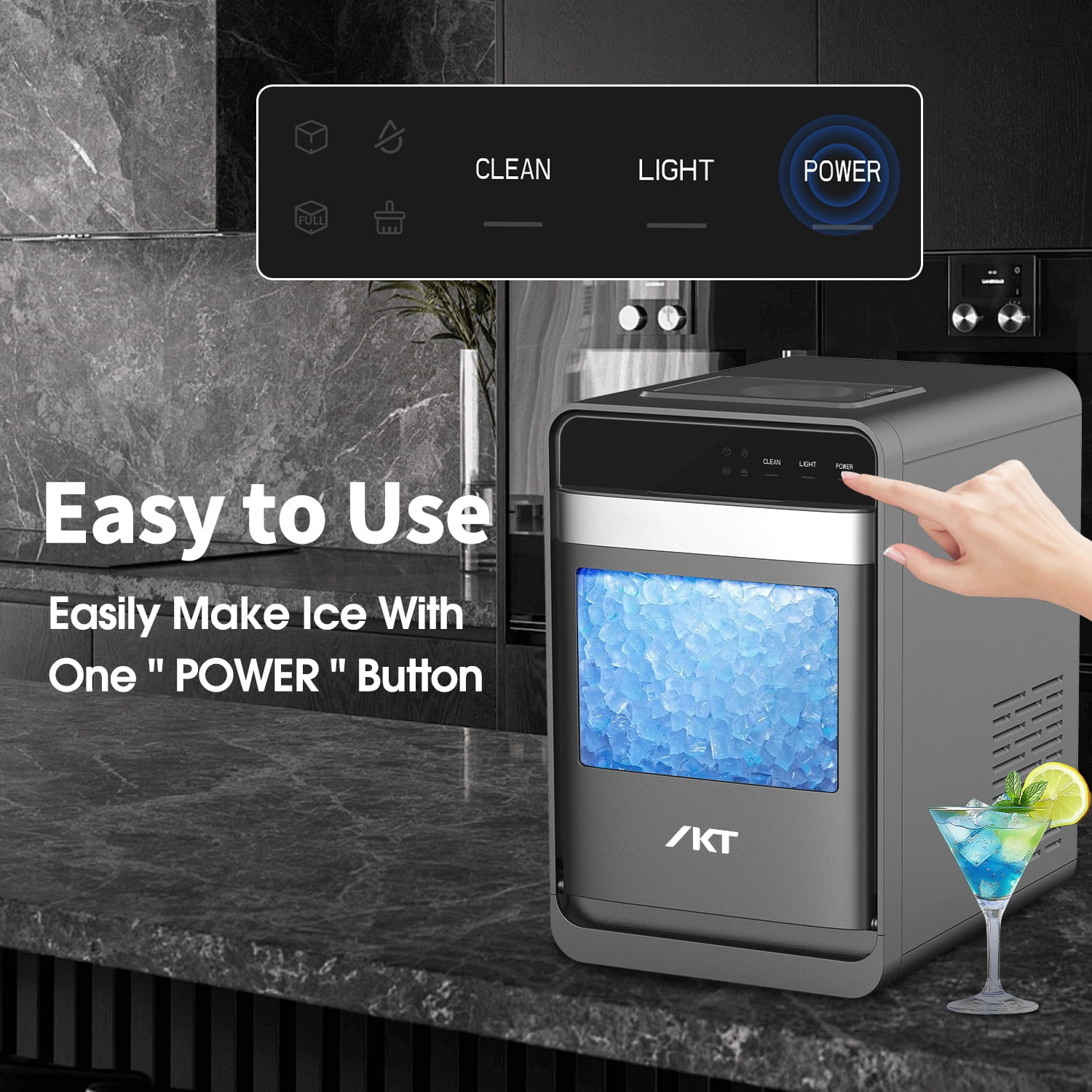 IKT Nugget Ice Maker Countertop, Self-Cleaning,Touch Panel, Night Light  Portable Pebble Sonic Ice Machine with Soft Chewable Ice for Home, Kitchen, Office,Camping, Gray