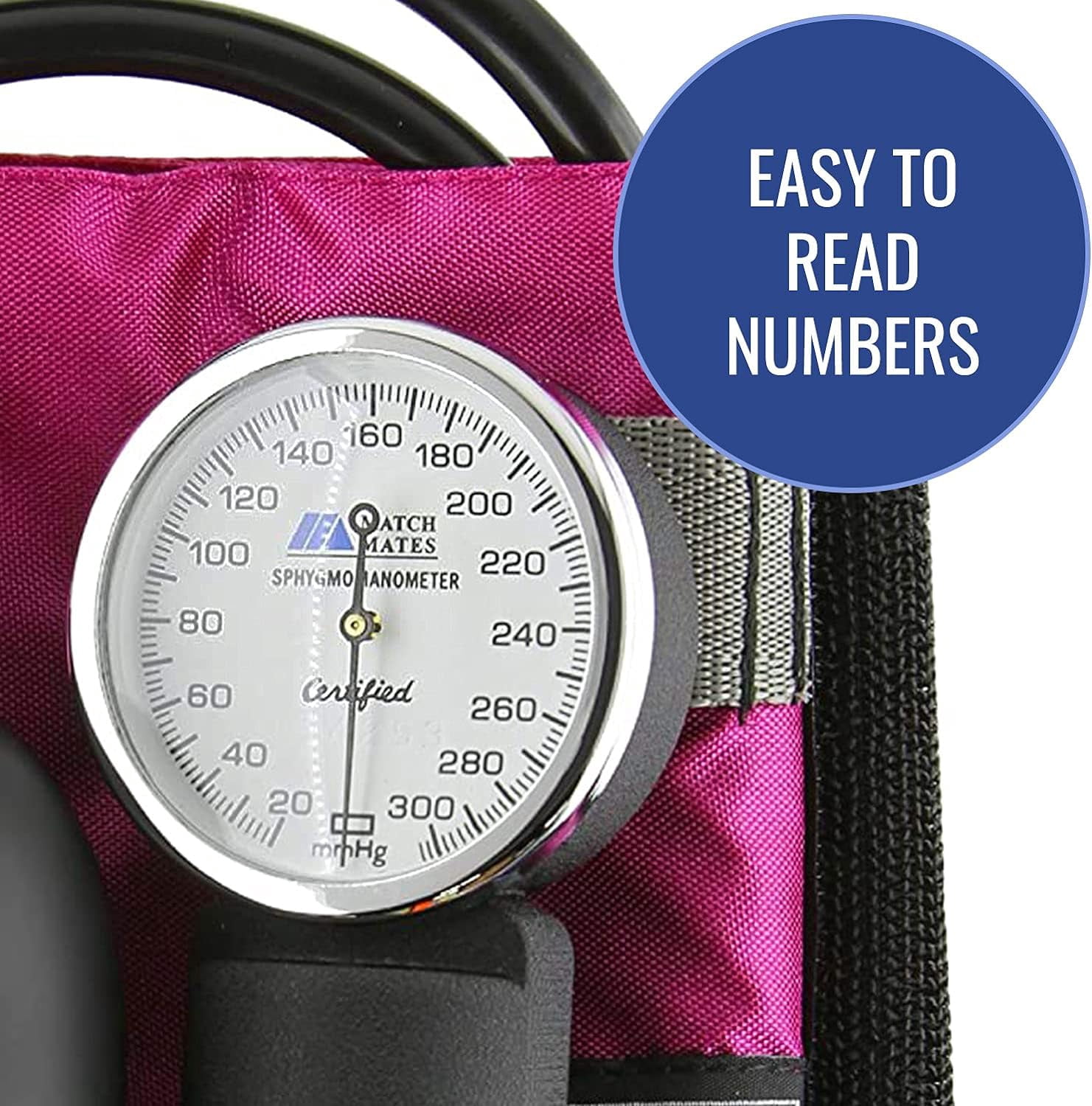 MABIS MatchMates Manual Blood Pressure Monitor Kit Aneroid Sphygmomanometer with Calibrated Nylon Cuff and Oversized Carrying Case, FSA and HSA Eligible, Adult, Magenta