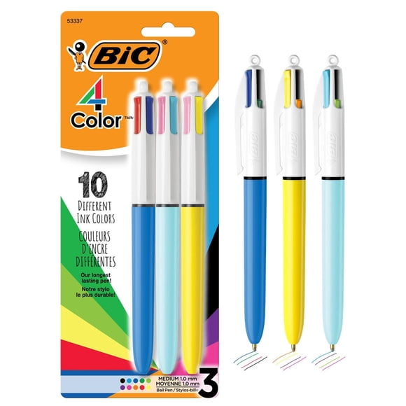 Stylo-bille rétractables BIC 4 couleurs Original et Mode, pointe moyenne (1,0 mm), paquet de 3, stylo-bille rétractable avec encre de couleur durable