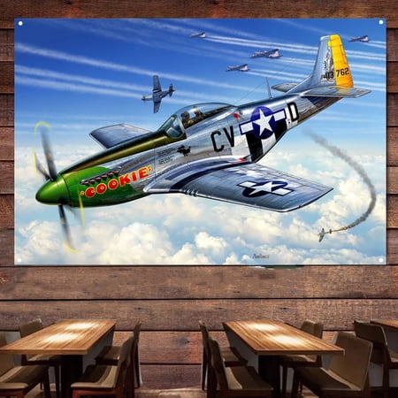 US P-51D Mustang Fighter Banner Wall Hanging Flag - Air Force Aircraft Canvas Print Art Work Gift For Army Fans - Military Wall Art Poster For Room Studio Bedroom 38" x 57"