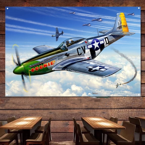 US P-51D Mustang Fighter Banner Wall Hanging Flag - Air Force Aircraft Canvas Print Art Work Gift For Army Fans - Military Wall Art Poster For Room Studio Bedroom 38" x 57"