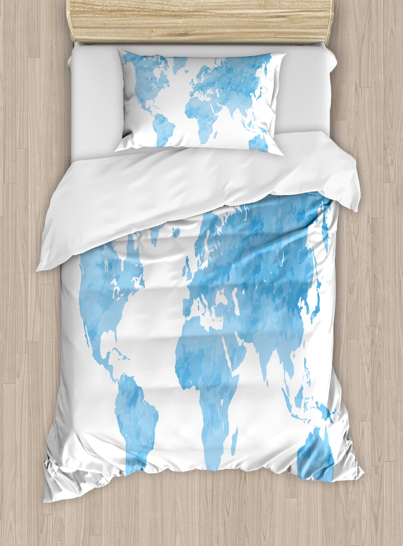Map Duvet Cover Set Blue Watercolor Style World Map Artistic