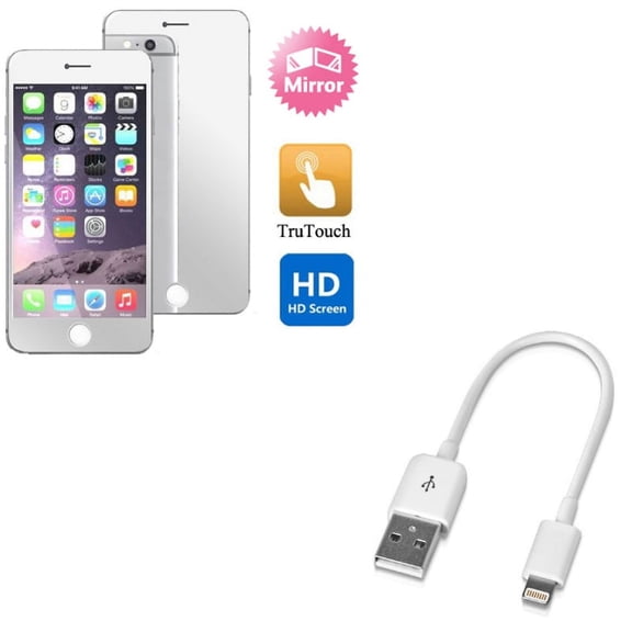 iPhone 8/7/6S/6 - Charger Short USB Cable w Mirror Screen Protector - Cord Power Wire Fast Charge Sync, Film Display Cover for iPhone 8/7/6S/6