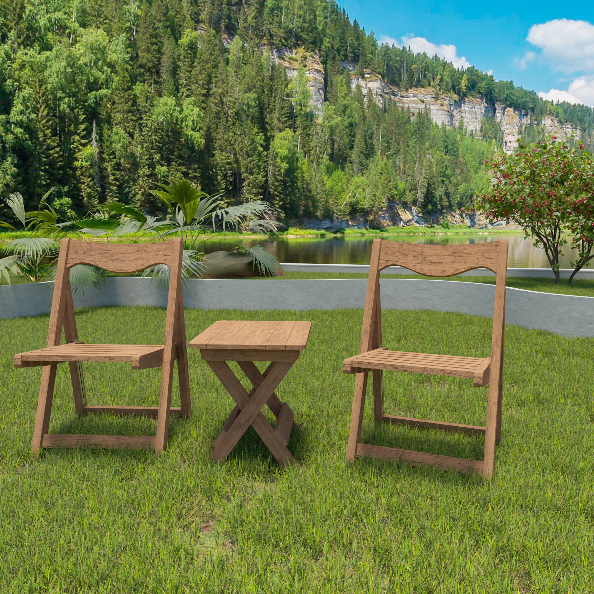 Outdoor Bistro Set, Foldable Small Table and Chair Set with 2 Chairs for Small Spaces, Teak