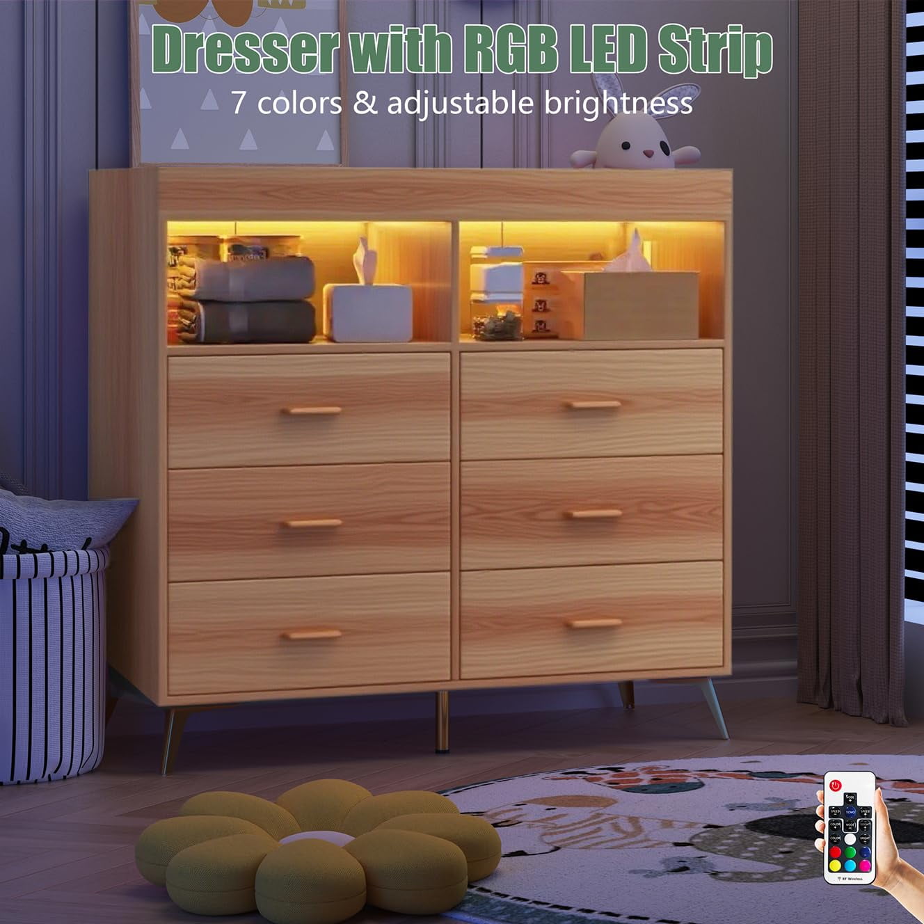 Dresser for Bedroom with 6 Drawers, Multi-Functional Nursery Dresser with LED Lights & Charging Station,Baby Changing Table Table with Diaper Changing Station