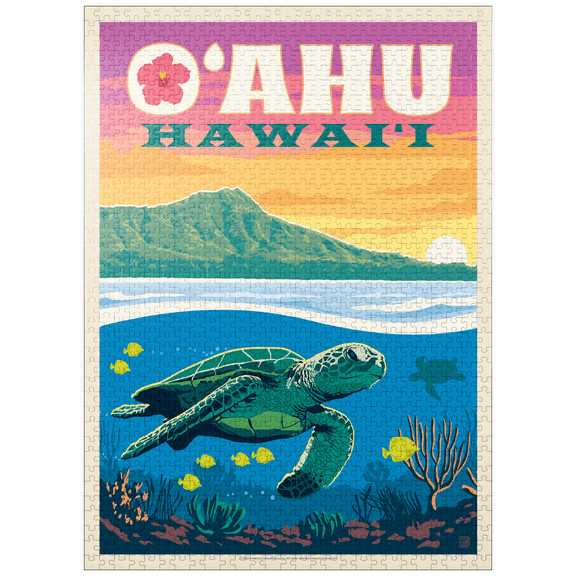 MyPuzzle - Hawaii: O'ahu (Sea Turtle), Vintage Poster - Premium 1000 Piece Jigsaw Puzzle for Adults