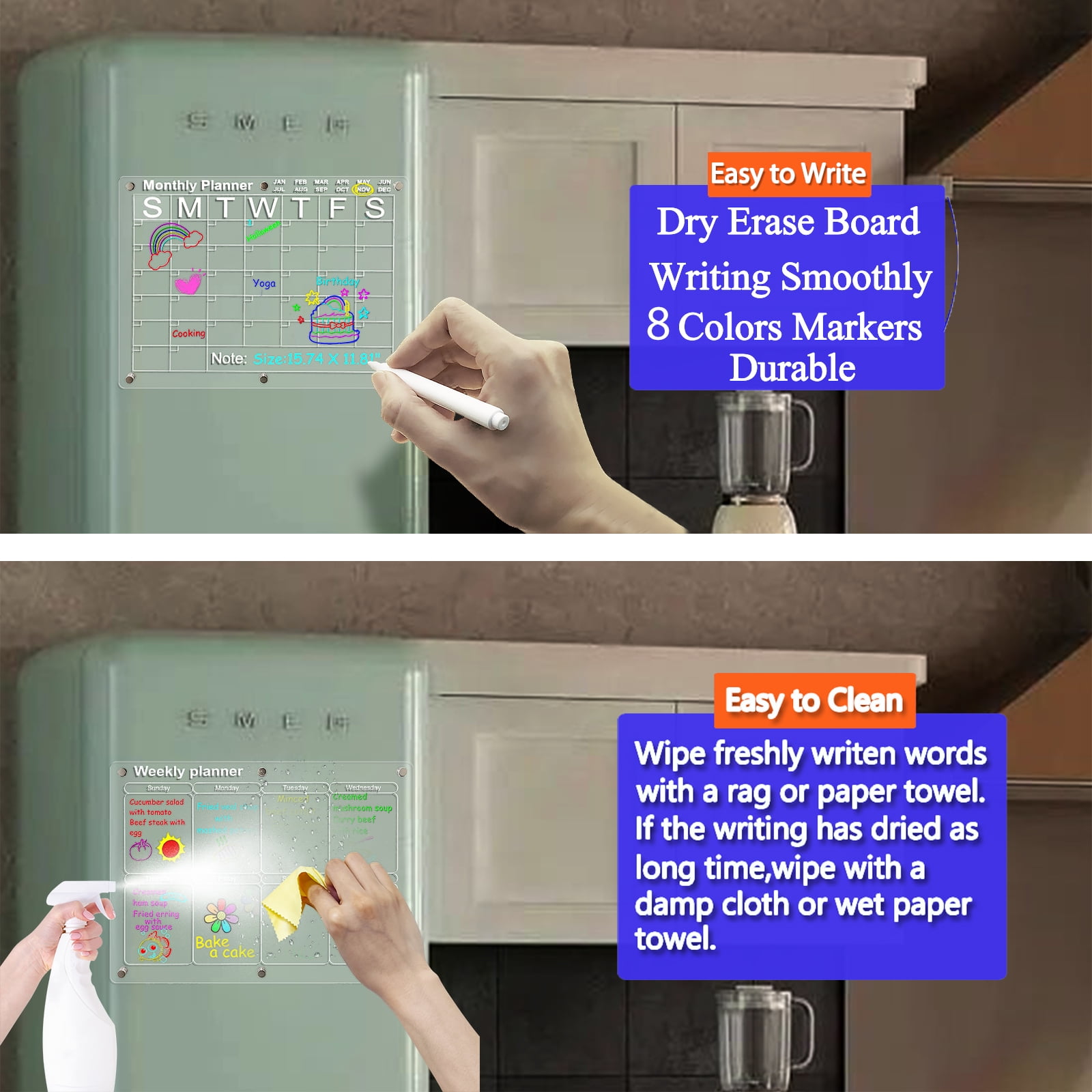 Acrylic Magnetic Dry Erase Board for Fridge for Wall for Magnets，2-Pack 15.74" X 11.81" Clear Planning Boards - Monthly Calendar + Weekly Calendar，Meal Planner, Kitchen Menu Planner Reminder
