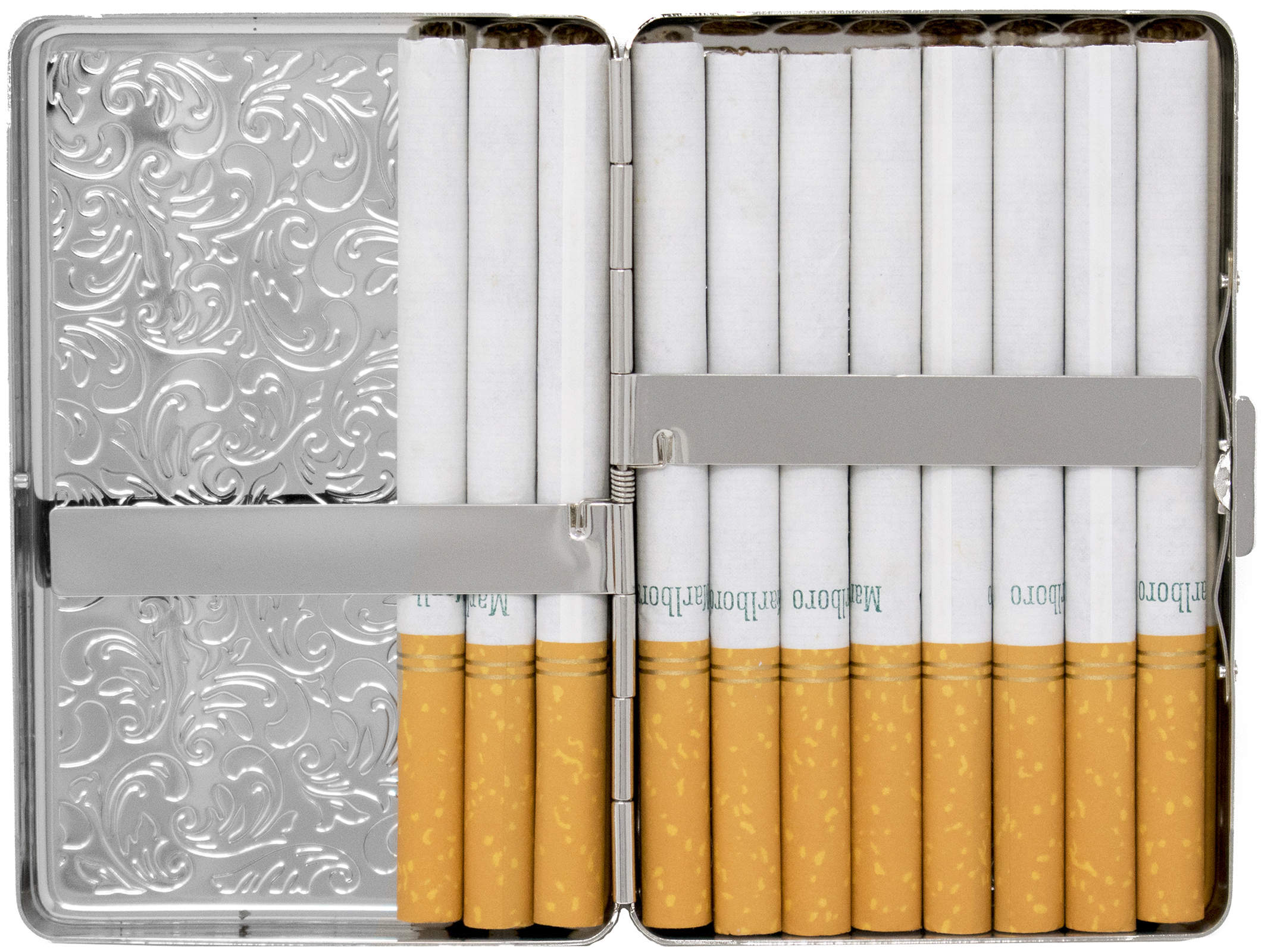 Set of 2 Metal-Plated 100s Compact Cigarette Case & Stash Box (Silver Victorian Print)