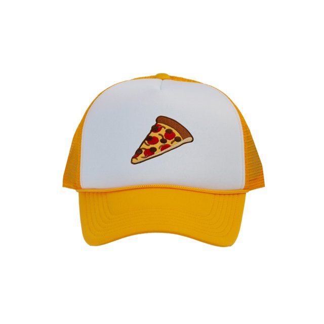 Adult Men's Pepperoni Pizza Slice Rope Foam Trucker Hat, White/Gold
