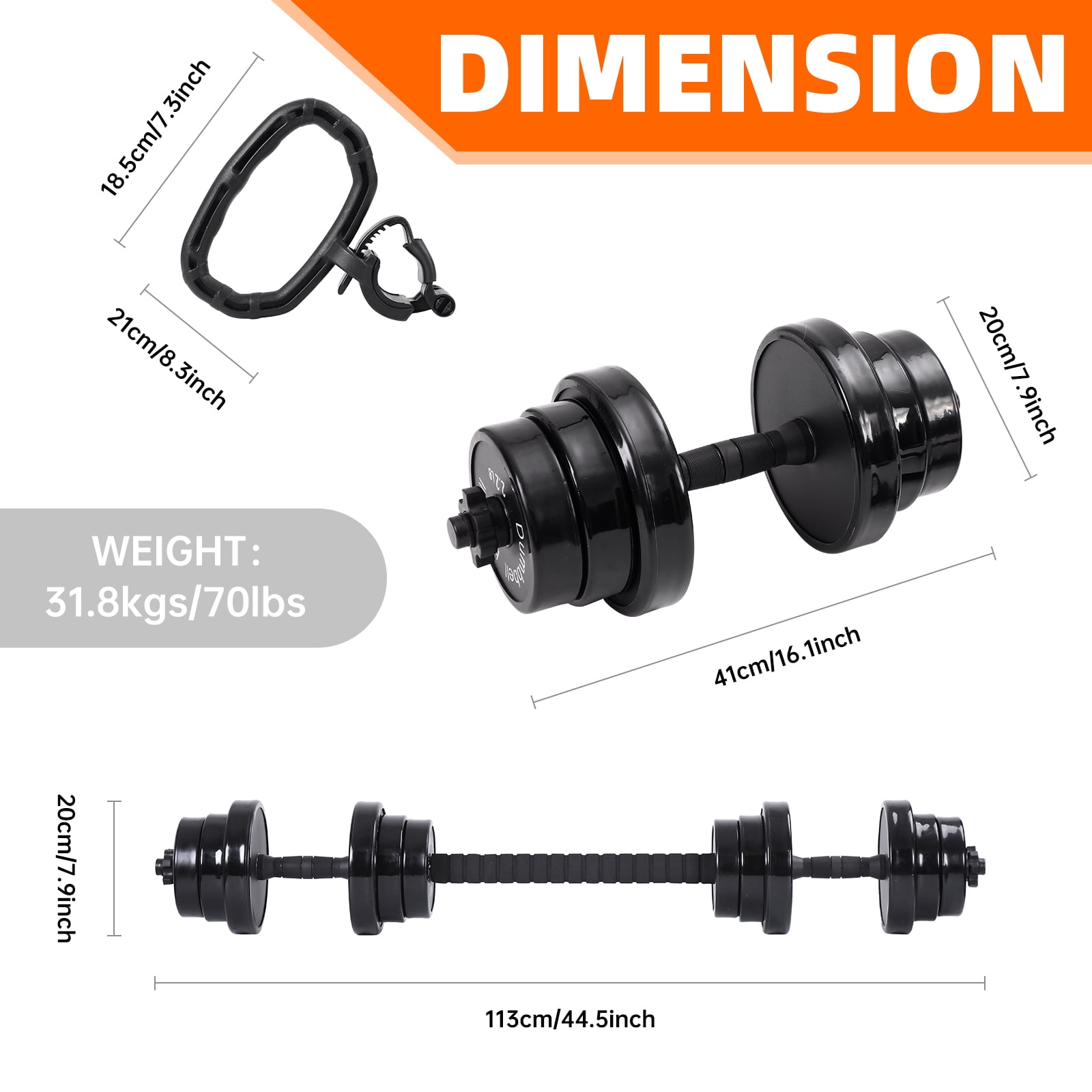 3-in-1 Adjustable Weight Set: Versatile Dumbbells, Kettlebells & Barbell Combo, 20-70LB, Non-Slip, Space-Saving Fitness Equipment (70 LB)