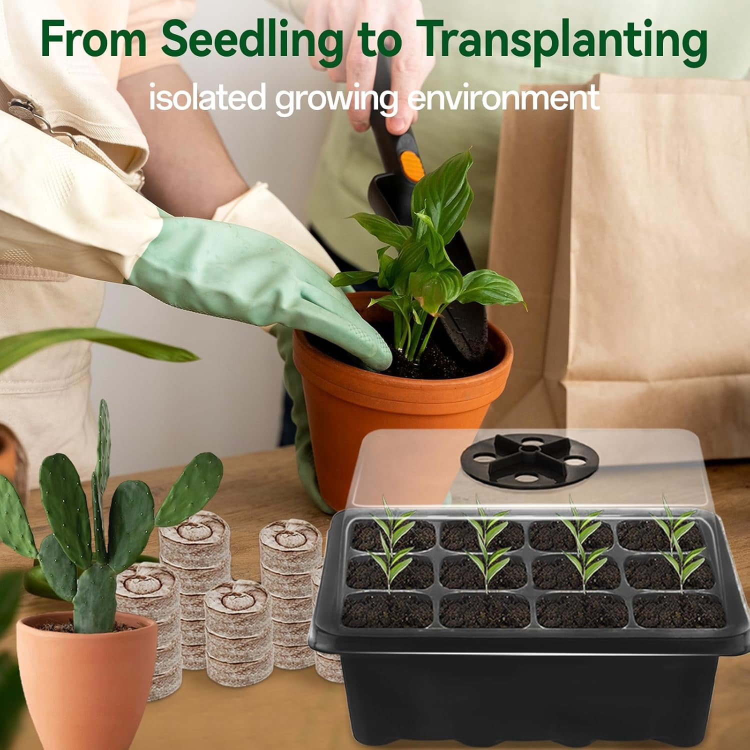 4 Pack Seed Starter Tray with 50 PCS Peat Pellets, 48 Cells Green Seeding Starter Trays for Organic Seed Stater Soil Pods for Planting Vegetables Plants Flowers - Starting Seeds Kit