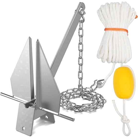 Boat Anchor Kit, Fluke Anchor with Float, Chain, Rope, Hot-Dipped Galvanized Steel Anchor for Watercraft 15FT