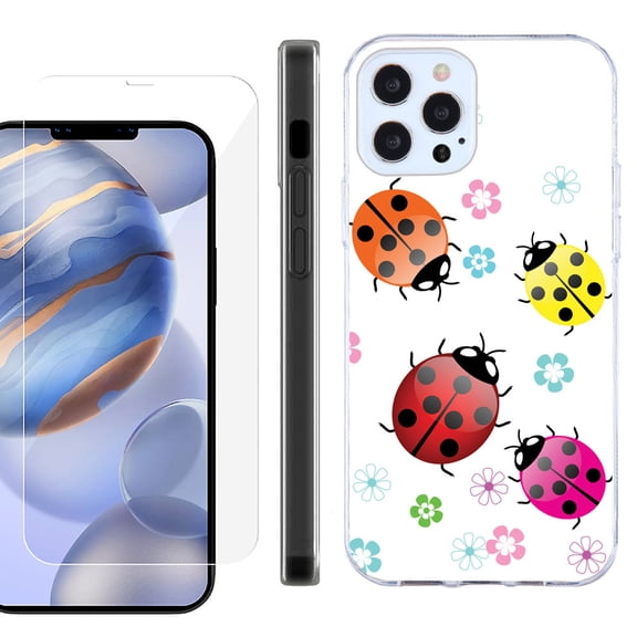 Slim Fit Protective Phone Case for Apple iPhone 12 / iPhone 12 Pro, with Tempered Glass Screen Protector, by OneToughShield ® - Ladybug