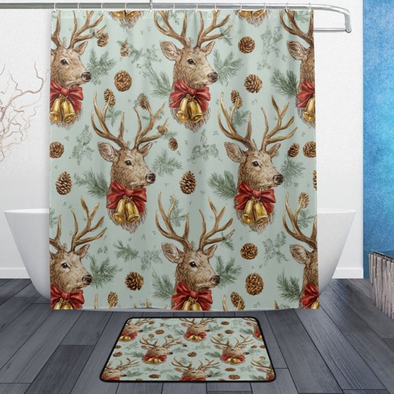 TTYFWHD 60" x 72" Shower Curtain and Bath Mat Set Reindeer and Red Ribbon Bows Waterproof Bathroom Curtain with 12 Hooks, Bathroom Decor Set