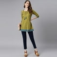 thumbnail image 3 of Janasya Indian Keyhole Neck 3/4 Sleeve Ethnic Motifs Green Cotton Tunic For Women, 3 of 8