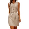 thumbnail image 2 of Antinious Ladies Solid V-Neck Sleeveless Waist Button Drawstring Versatile Daily Dress, 2 of 5