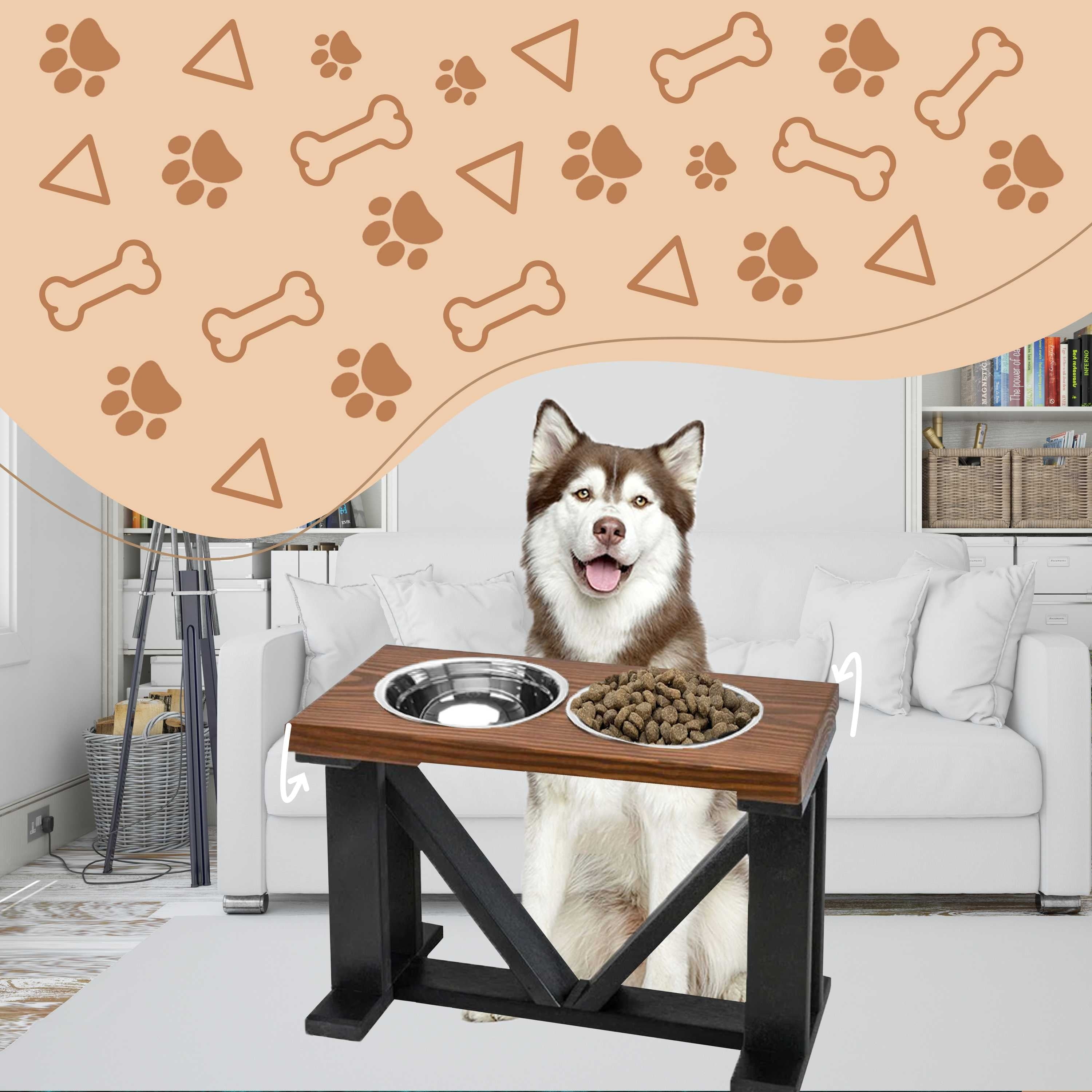 Bearwood Essentials 2 Bowl Elevated Dog Stand - Best Raised Wood Dog Feeder with Stained Top