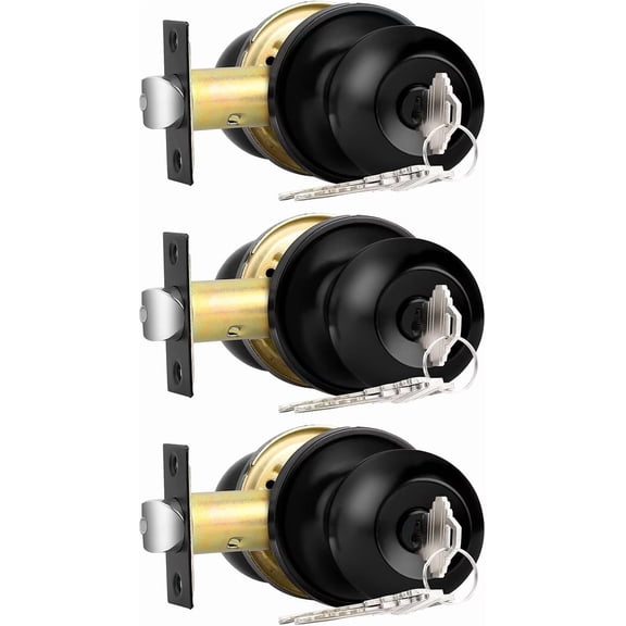 Keyed Alike Entry Door Knobs Black, Keyed Entry Locksets, Round Interior Door Knobs with Lock and Keys,3 Pack