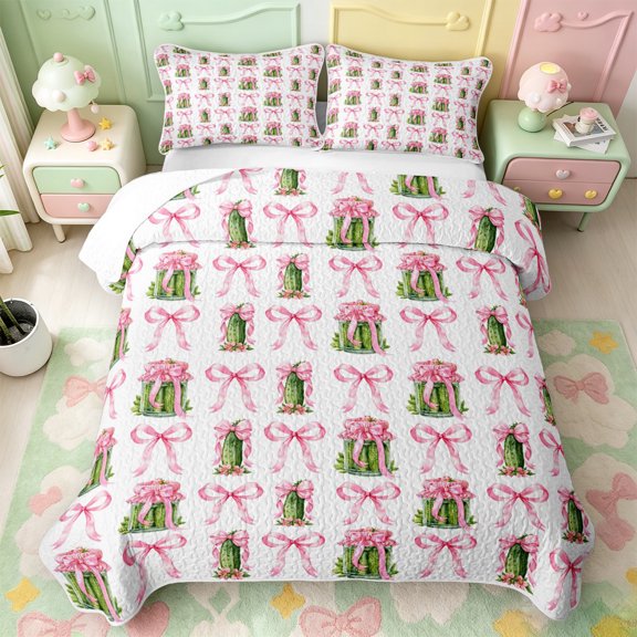 Manfei Cartoon Food Print Quilt Full,Cute Pink Bowknot Full Bedspread Sets,3pcs,1 Coverlet and 2 Pillowcases