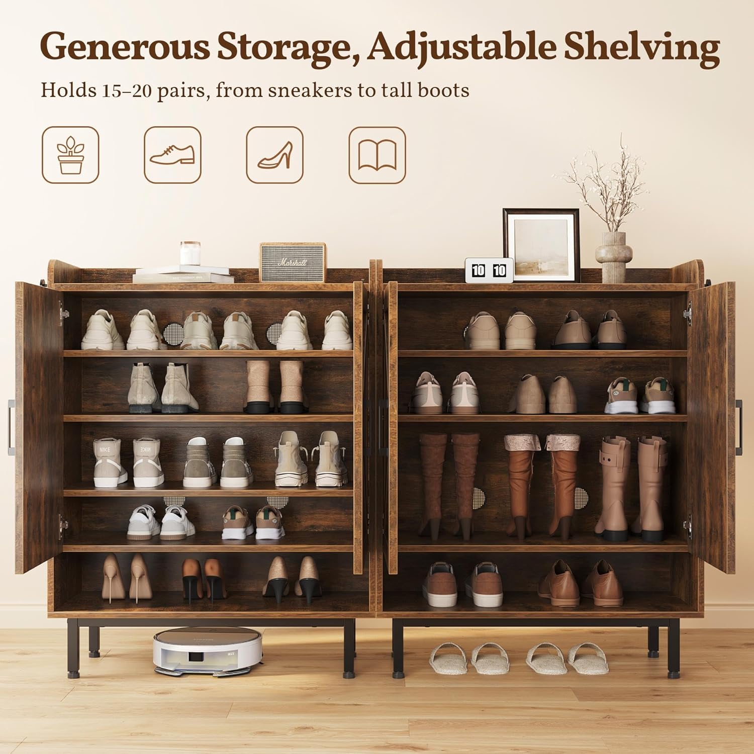 Shoe Storage Cabinet with Doors, Farmhouse Shoe Cabinet with 2 Adjustable Shelves and 4 Side Hooks, Wooden Shoe Rack Organizer Cabinet for Entryway, Foyer, Hallway, Rustic Brown