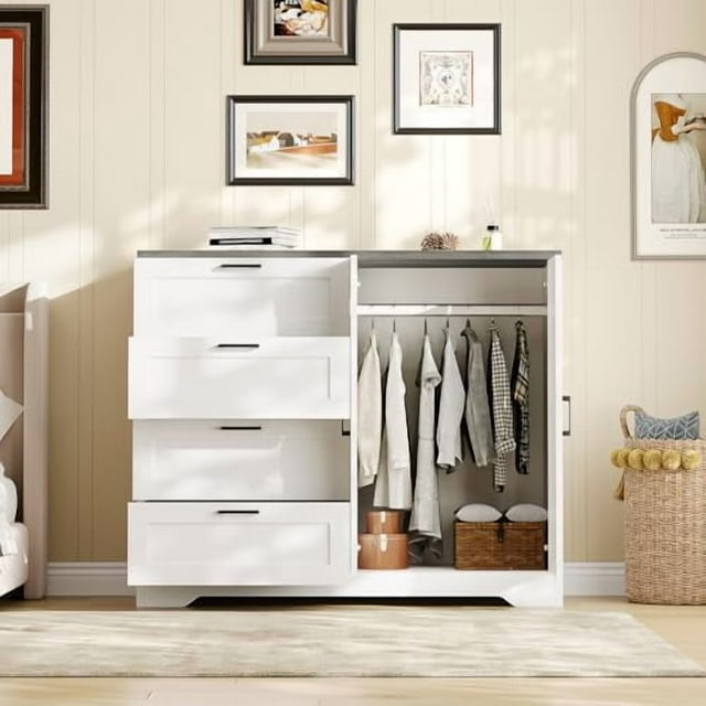 Armoire Garde-Robe de 43,3 Po H avec 4 Tiroirs et 2 Portes, Tringle, Commode Multifonction en Bois avec Placard de Rangement, Armoire de Salle de Bain pour Chambre, Blanc