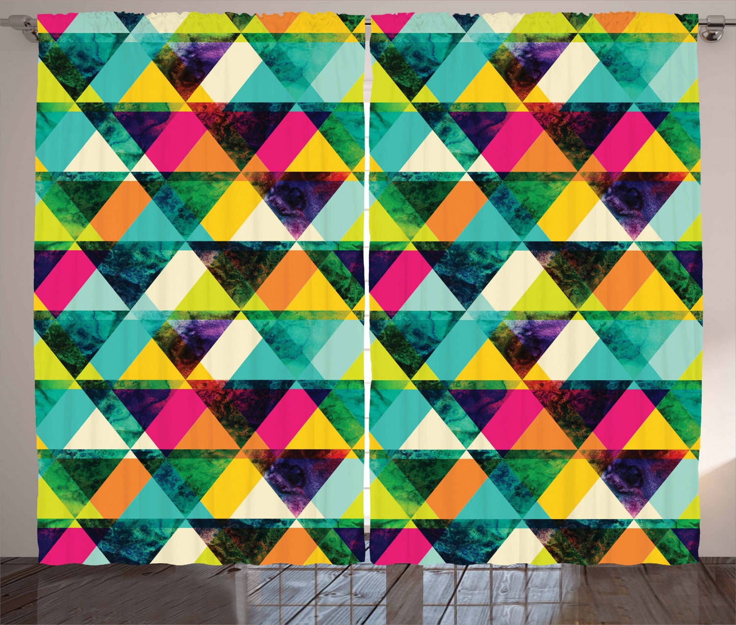 Indie Curtains 2 Panels Set, Watercolor Triangles Pattern Modern