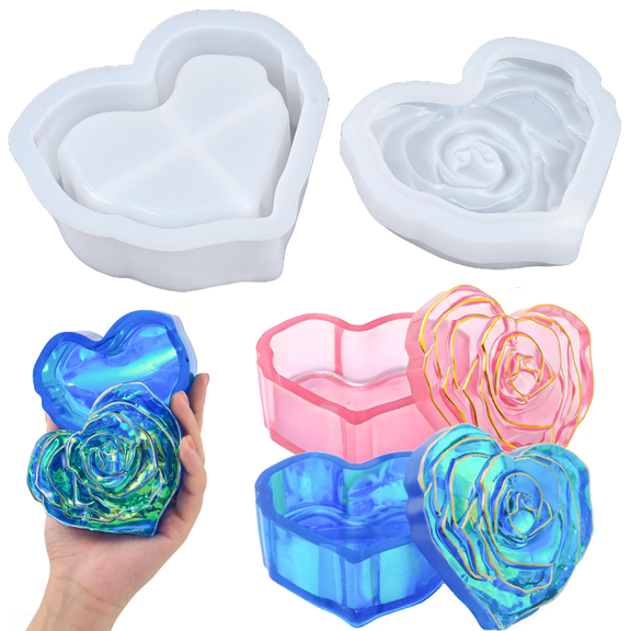 Heart Jar Resin Molds with Rose Lid, Heart Storage Box Silicone Molds for DIY Candle Vessel Jewelry Box Candy Container