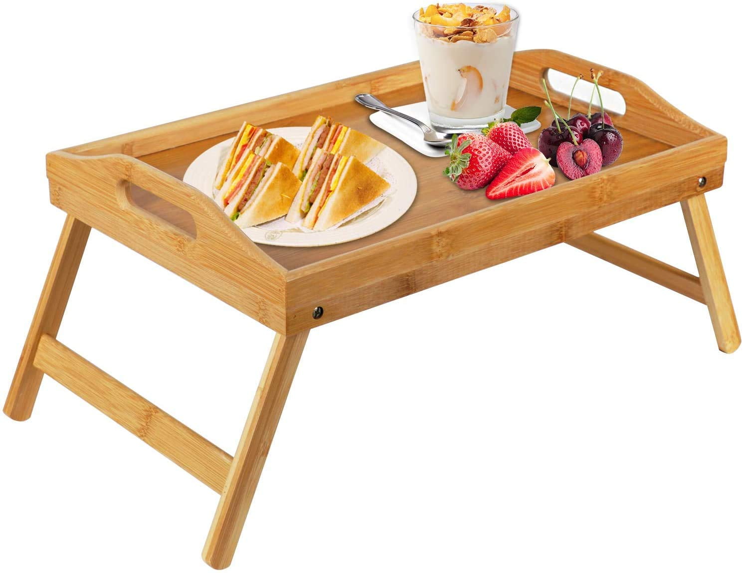 Snack Tray Sofa Curved Breakfast Tray with Handle and Foldable Legs for Bed Laptop Desk Bamboo Breakfast Serving Tray Bed Tray Table Eating Wood Color 