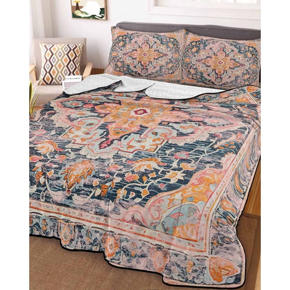 Pink Orange Blue King Size Down Alternative Comforter, Lightweight Comforter Quilt Bedding Set with Pillow Shams Ethnic Middle Century Geometric Art All Seasons Bed Comforter Duvet Insert 96"x106"