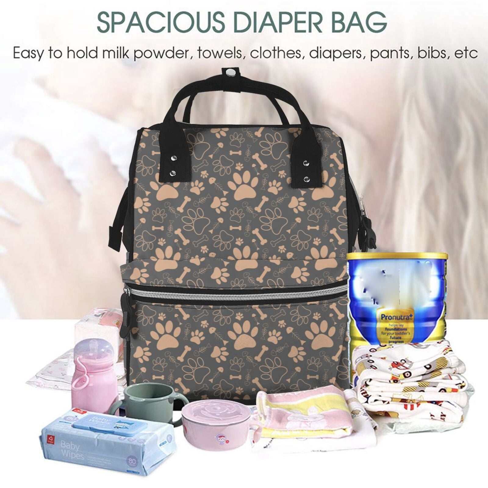 Ratiio Animal Paw Mummy Backpack - Waterproof Twill Canvas, Large Capacity Diaper Bag with Multiple Pockets and Adjustable Straps