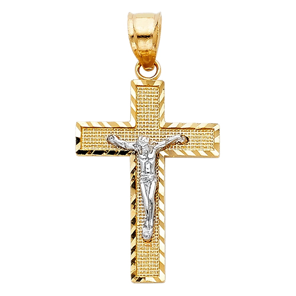 14K Two Tone Gold Jesus Crucifix Cross Charm Pendant with 1.1mm Wheat Chain Necklace