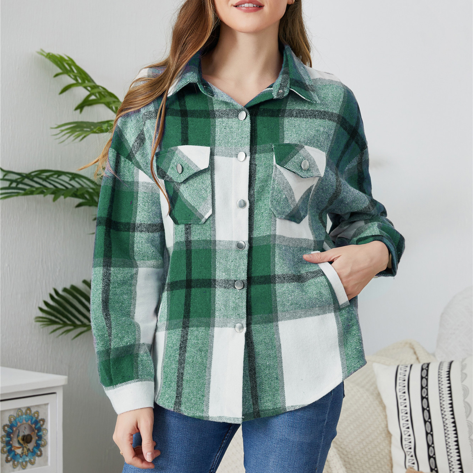 Jkerther Family Matching Outfits Plaid Long Si Mommy and Me Button Down Flannel Shirt Jacket Shacket Tops, Girl's, Size: Medium