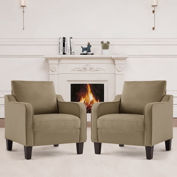 SAETSFEG Mid-Century Accent Chairs, Linen Modern Upholstered Living Room Chair, Comfy Reading Armchair with Scooped Arm and Wide Seat, Compact Single Sofa Chair for Bedroom Office, Brown 2PC