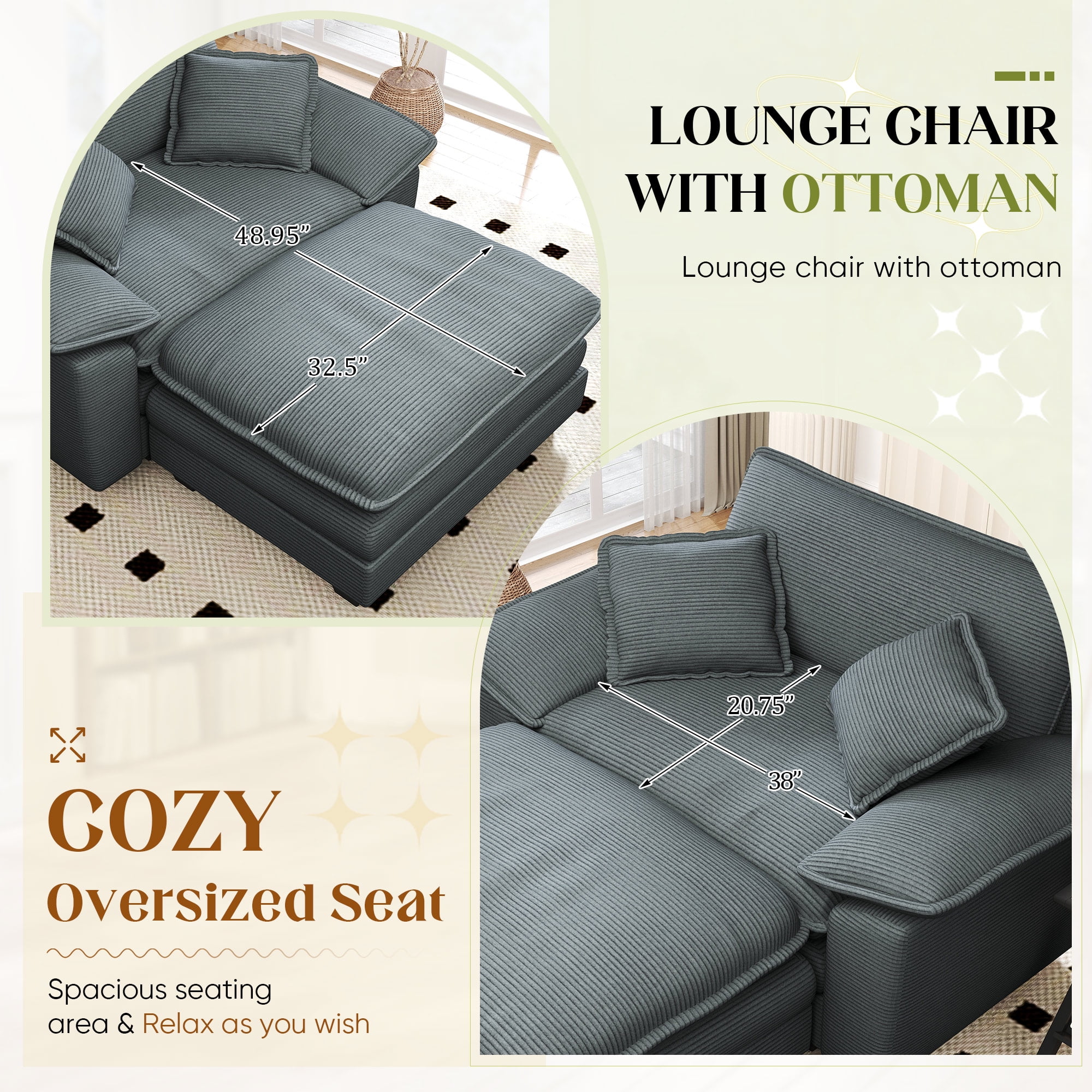 Lunale Oversized Lounge Chair & Ottoman Set - 48" Cloud Corduroy Accent Armchair for Modern Living/Bedroom, Gray Corduroy