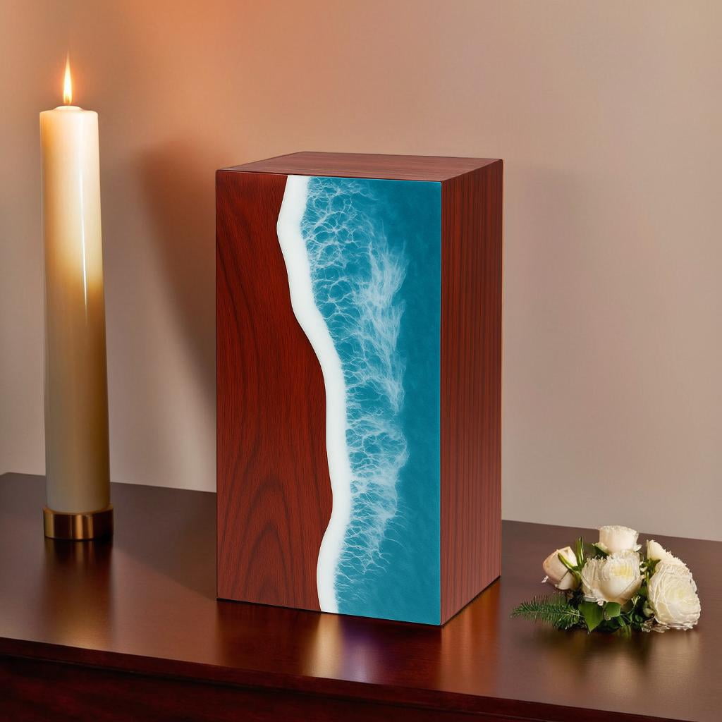 Wooden Urns for Human Ashes Adult Cremation Urns for Human Ashes Ocean Wave Design Wooden Urn Box Memorial Cremation Urn Box for Human & Pet Ashes