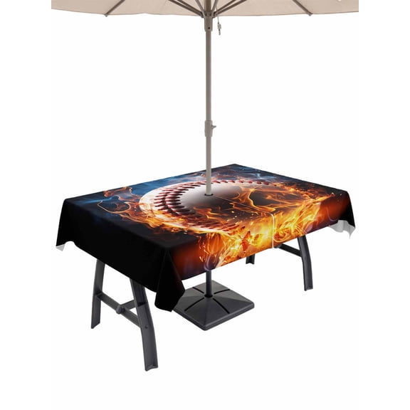 Outdoor Tablecloth with Umbrella Hole, Baseball, Spillproof Waterproof Outdoor Table Cover, Sports Theme Gradient Orange Blue Black Patio Tablecloths for Party Picnic Camping, Rectangle 60"x84"