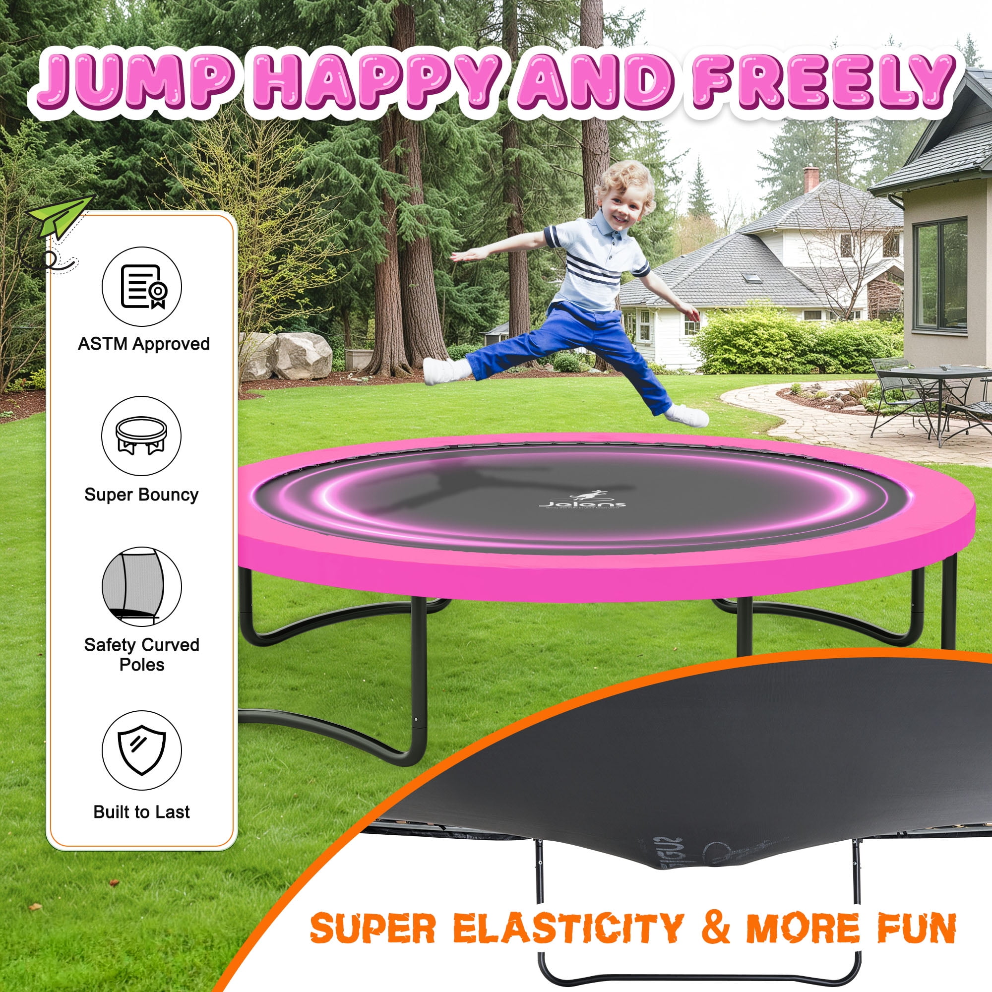JELENS Trampoline 8FT 10FT 12FT 14FT 16FT, Recreational Trampolines with Enclosure Net and Ladder, Outdoor Anti-Rust Trampolines for Kids and Adults