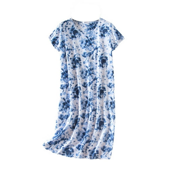 Defitshape Women's Cute Short Nightgown Soft Tie Dye Cotton Pajamas Shirt Pastel Lounging Midi Summer Spring Comfy Sleeping Pjs Navy Medium